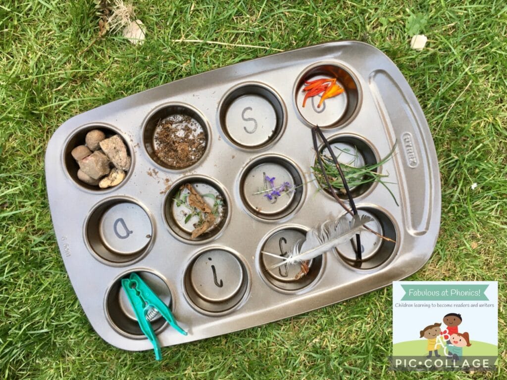 Range of found objects outside for early phonics game